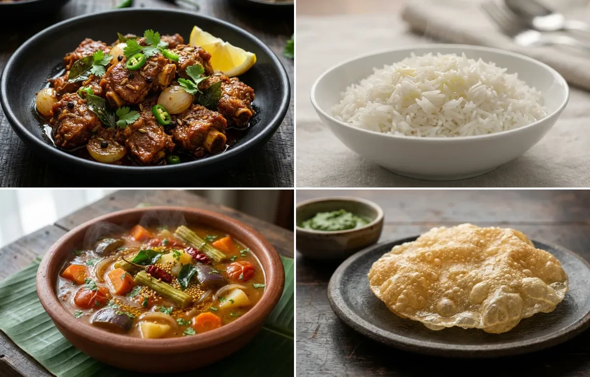 Mutton Chukka Varuval with Steamed Basmati Rice, Vegetable Sambar and Appalam