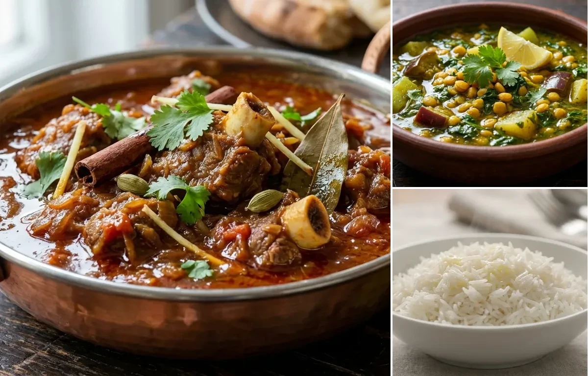 Mutton Curry with Sai Bhaji and Steamed Basmati Rice