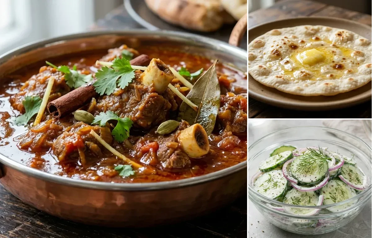 Mutton Curry with Jowar Roti with Steamed White Rice with Cucumber Salad