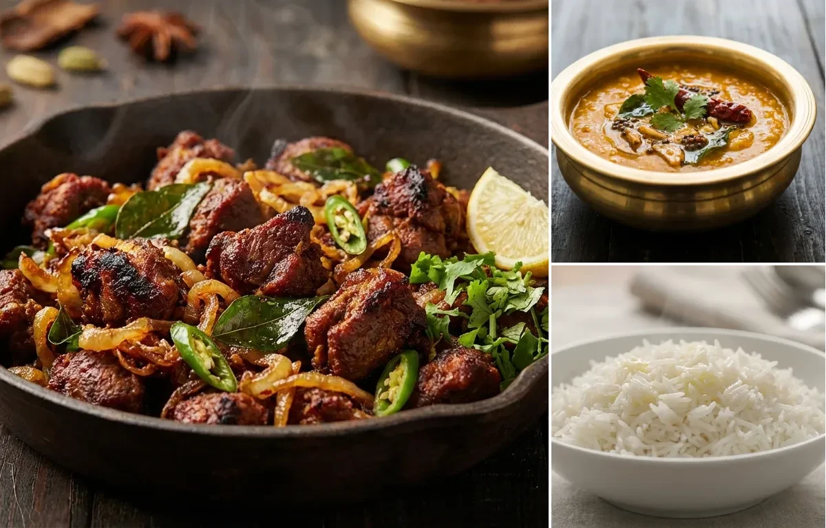 Mutton Fry with Khatti Dal and Steamed Basmati Rice