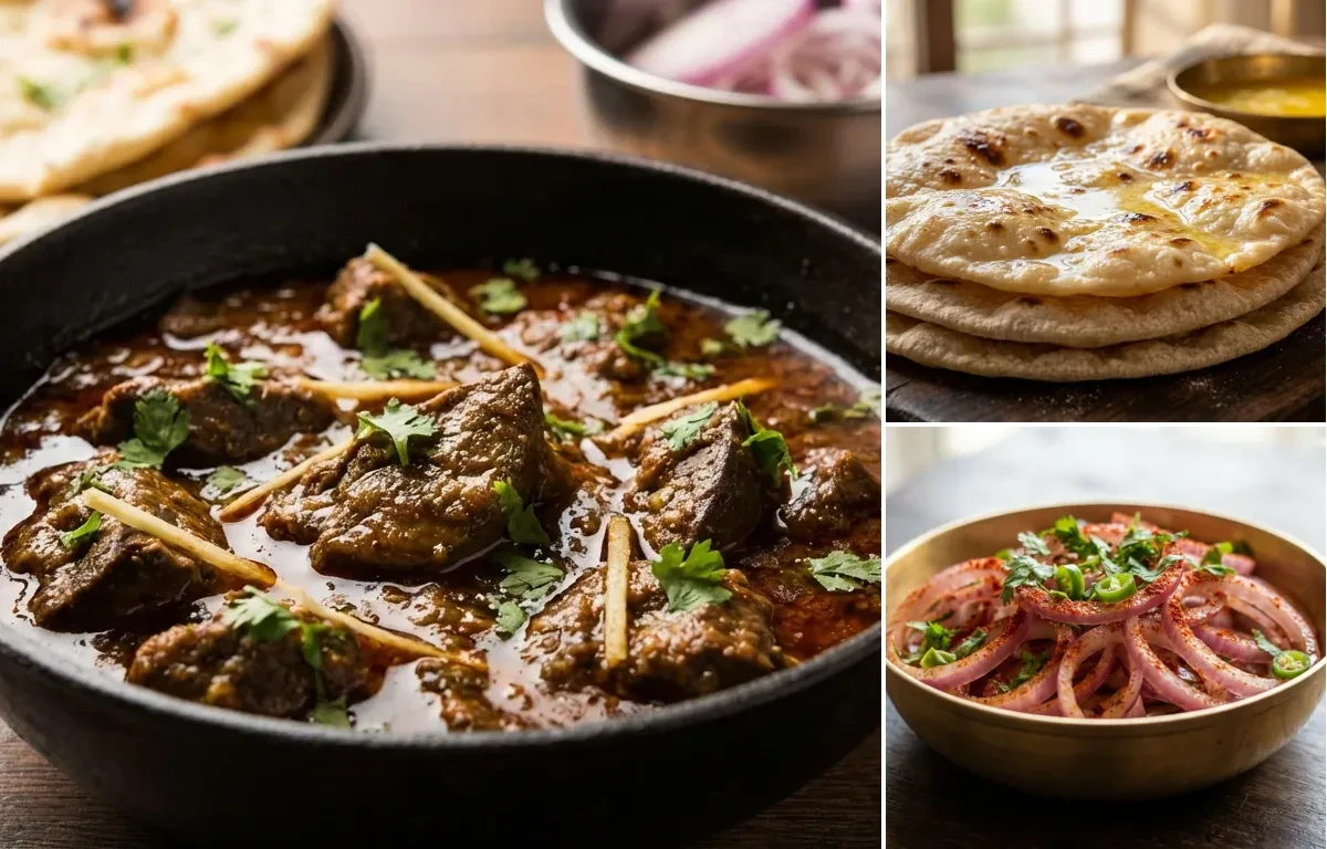Mutton Kaleji Masala with Chapati and Onion Salad