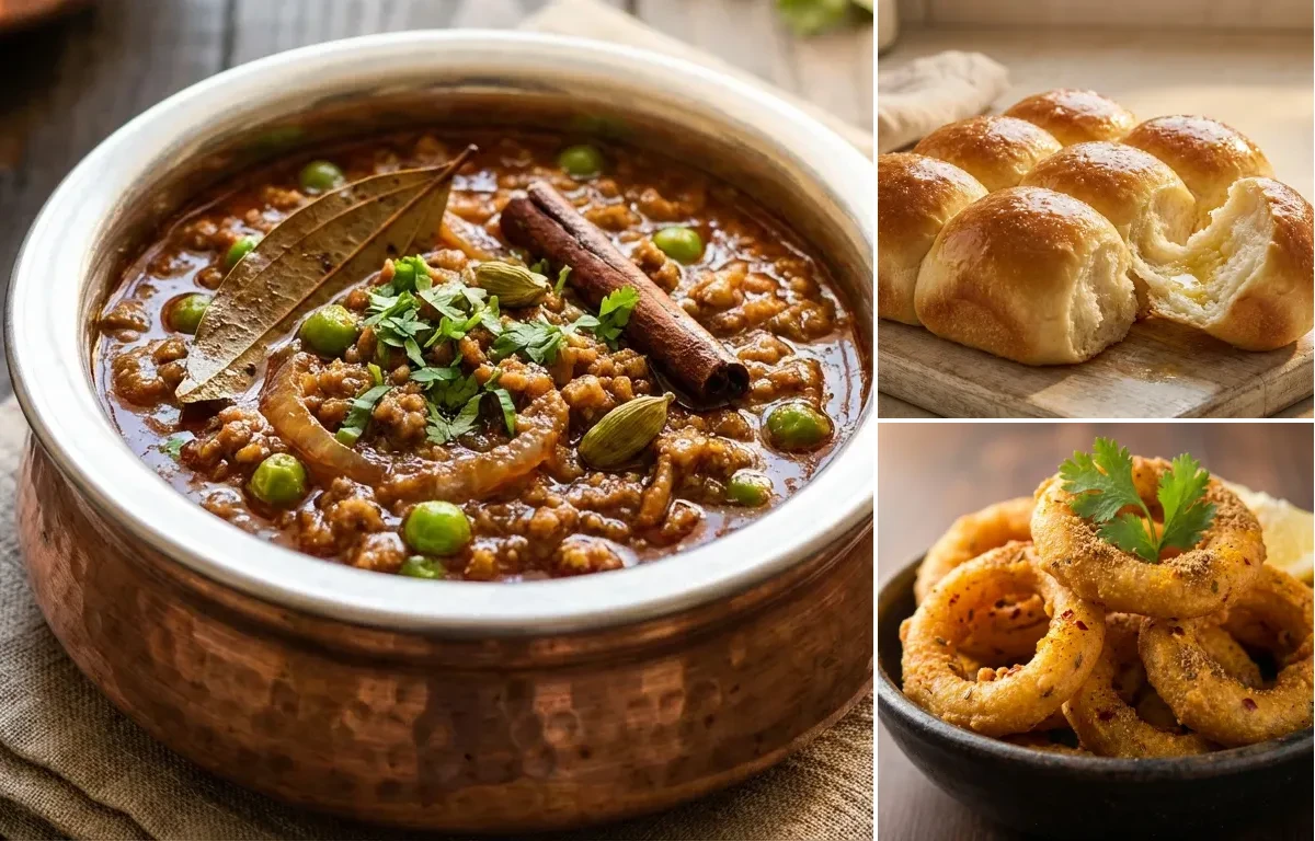 Mutton Keema Masala with Ladi Pav and Indian Onion Rings