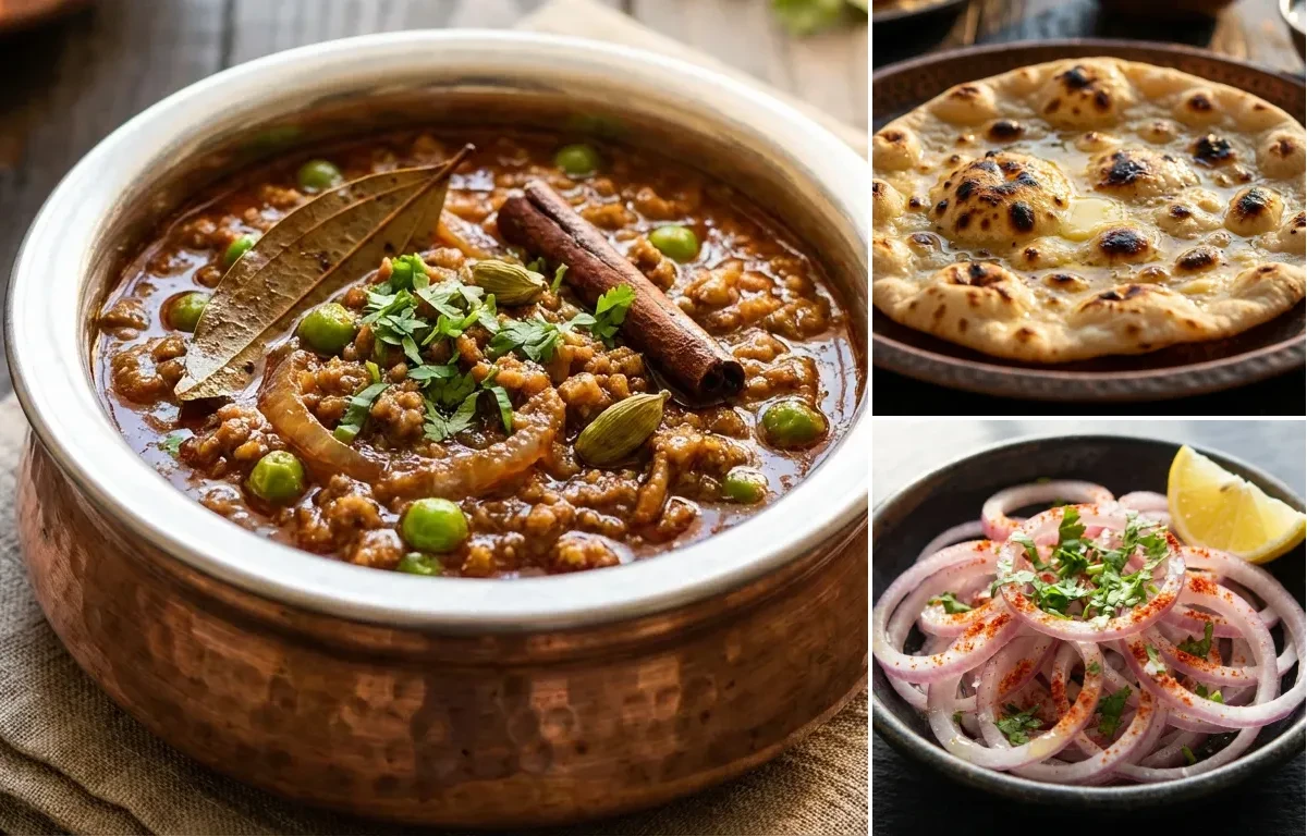 Mutton Keema Masala with Tandoori Roti and Sliced Onions