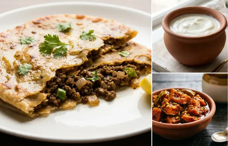 Mutton Kheema Paratha with Curd and Mango Pickle