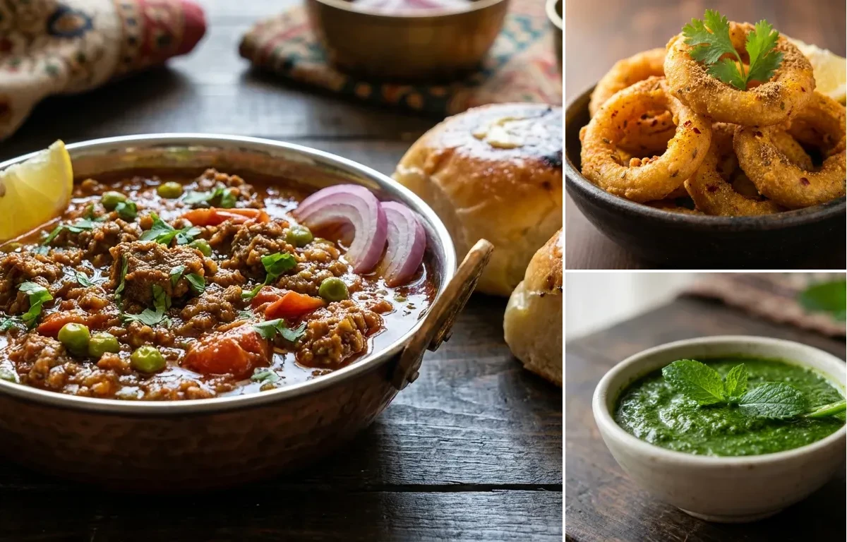 Mutton Kheema Pav with Indian Onion Rings and Mint Chutney