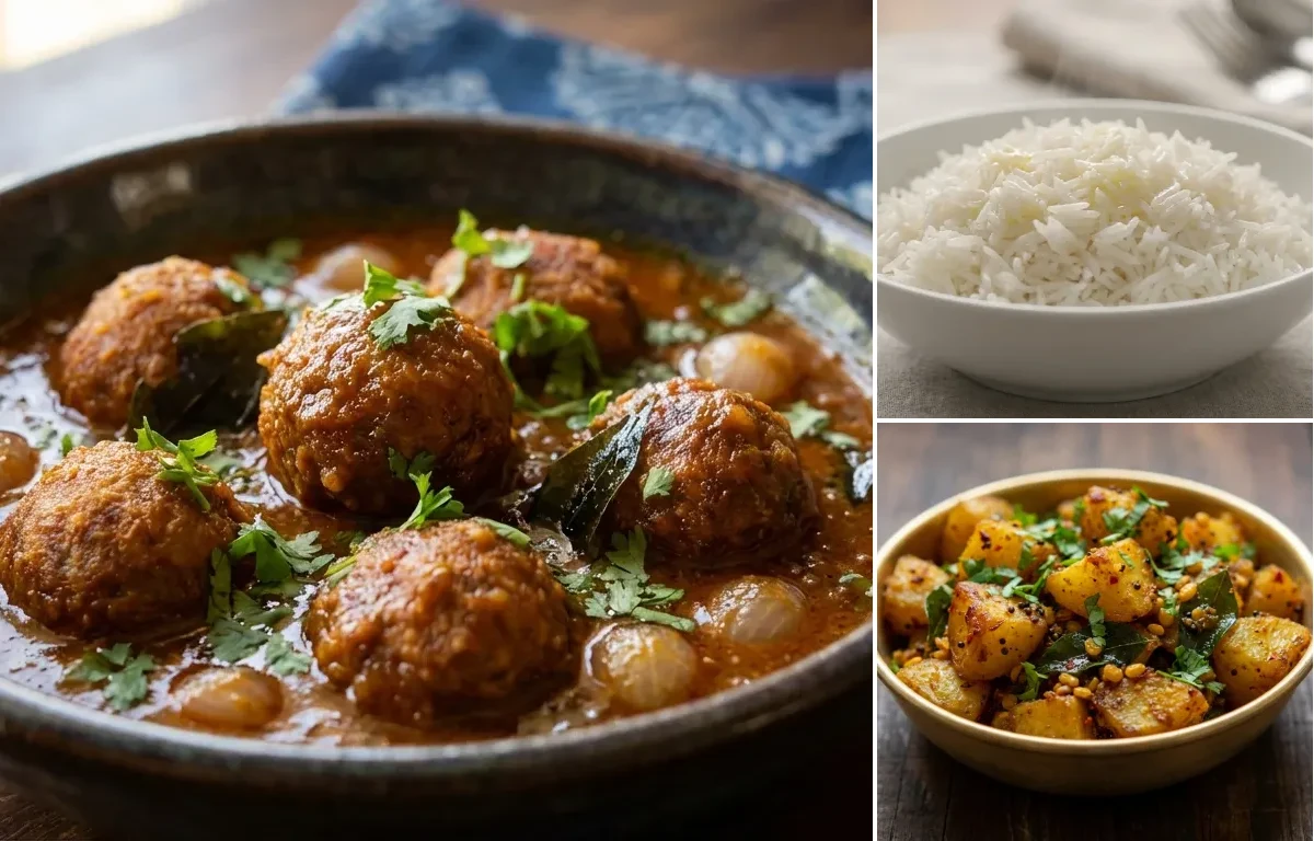 Mutton Kola Urundai Kuzhambu with Steamed Basmati Rice and Potato Fry