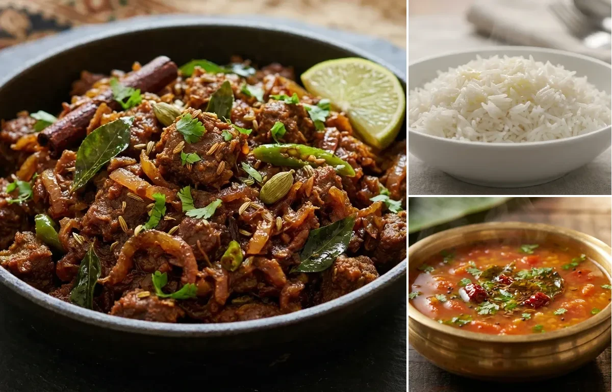 Mutton Kothu Kari with Steamed Basmati Rice and Tomato Rasam
