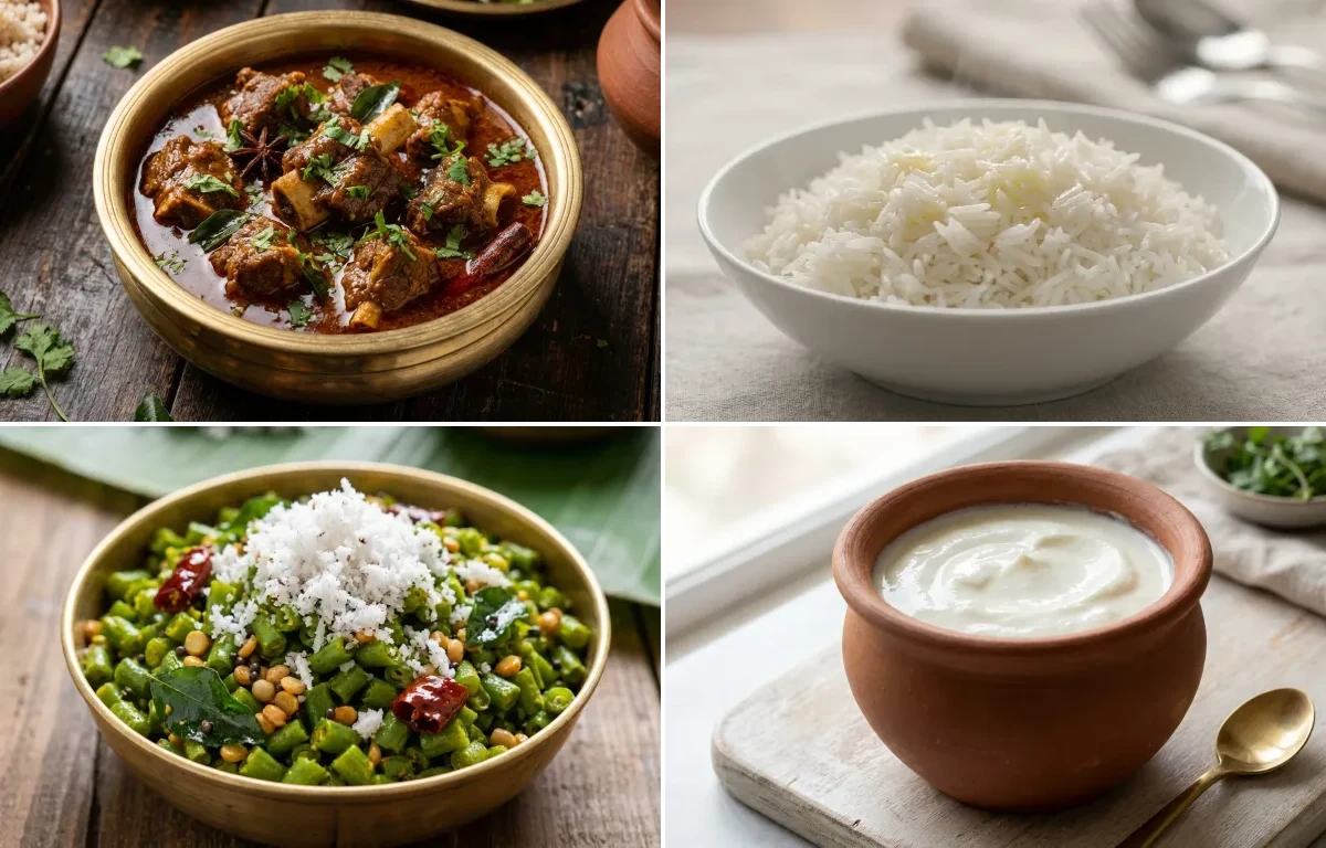 Mutton Kuzhambu with Steamed Basmati Rice, Beans Poriyal and Curd