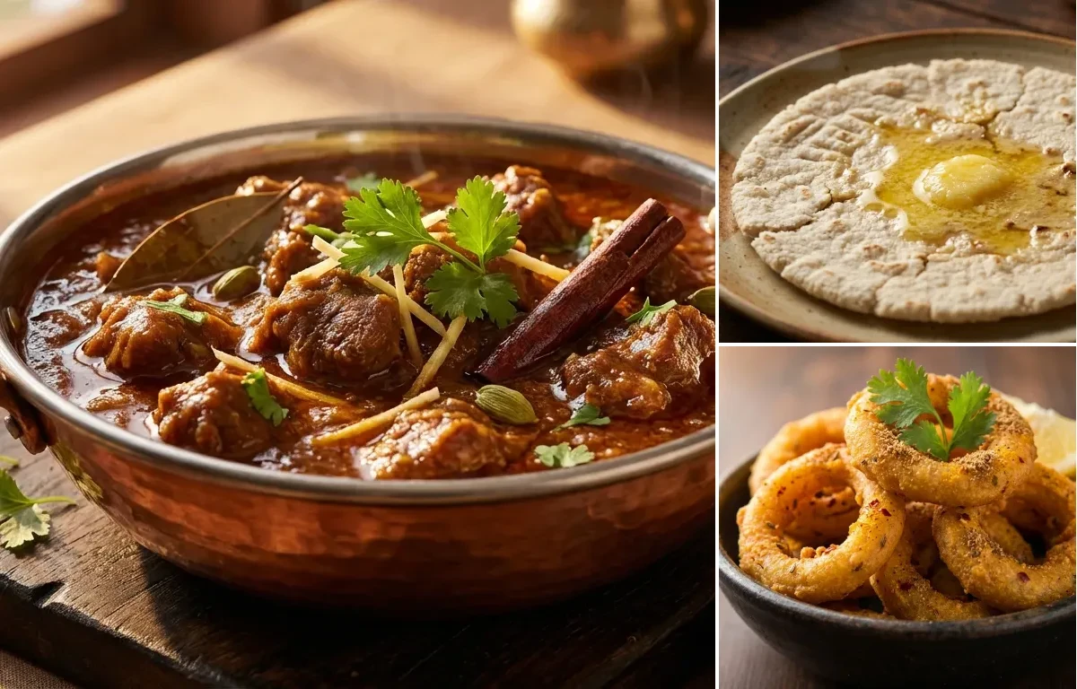 Mutton Masala with Jowar Bhakri and Indian Onion Rings