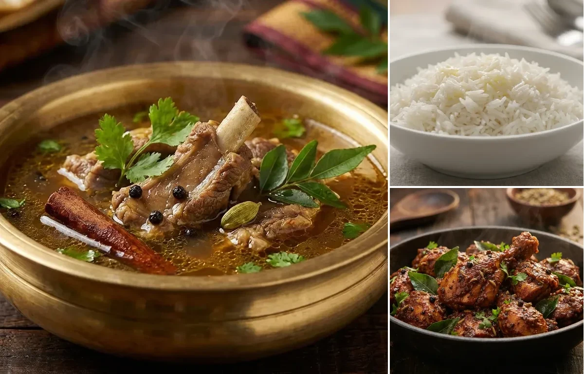 Mutton Nenju Elumbu Soup with Steamed Basmati Rice and Pepper Chicken Fry