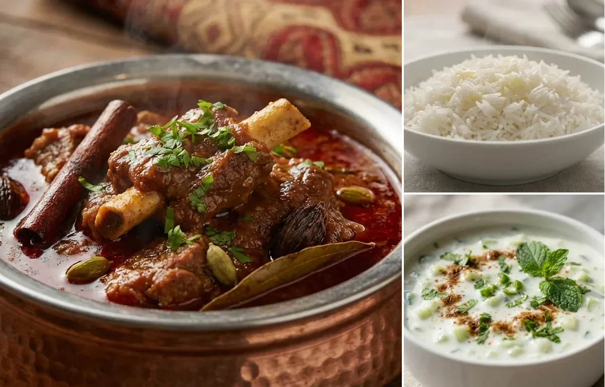 Mutton Rogan Josh with Steamed Basmati Rice and Cucumber Raita