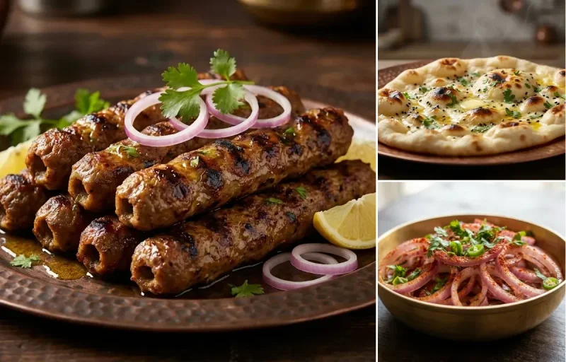 Mutton Seekh Kebab with Butter Naan and Onion Salad