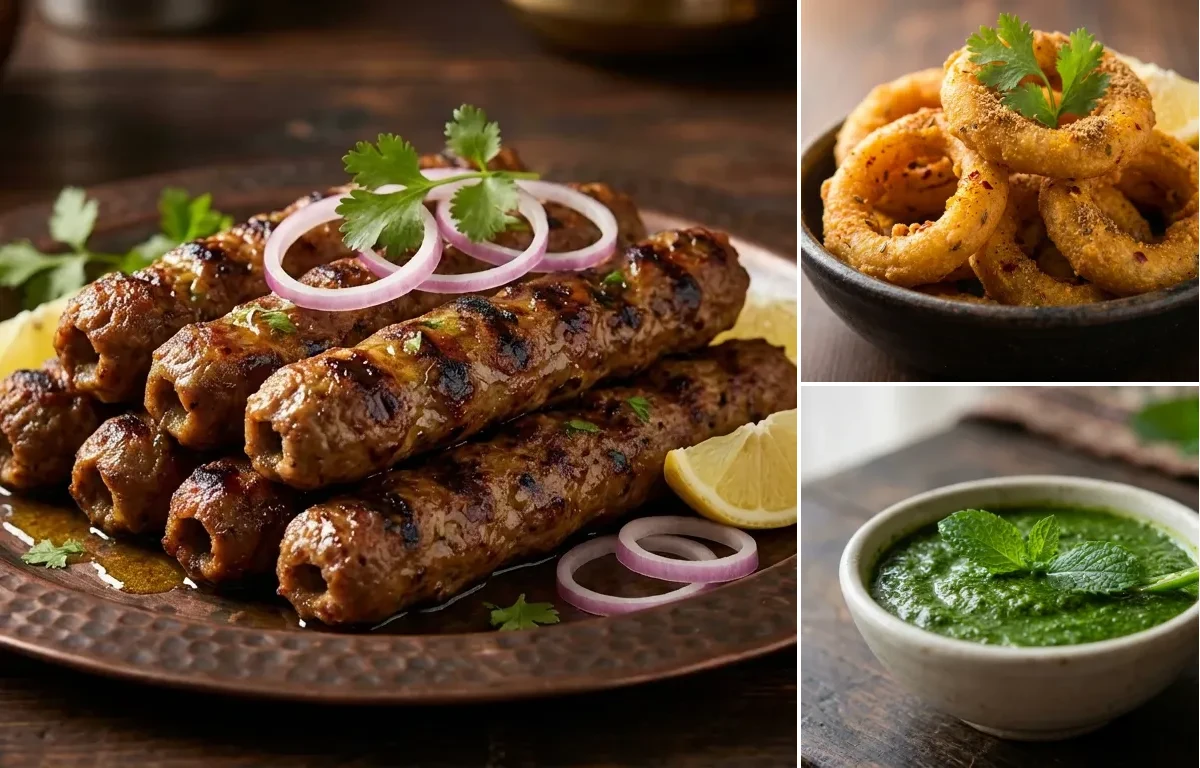 Mutton Seekh Kebab with Indian Onion Rings and Mint Chutney