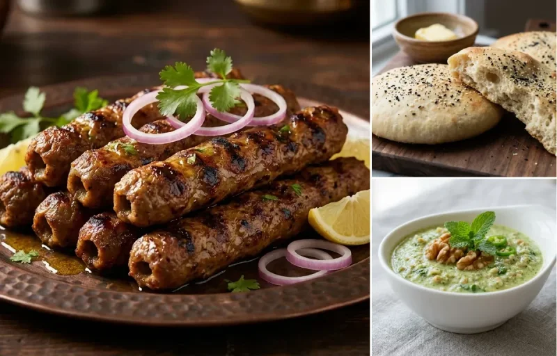 Mutton Seekh Kebab with Lavasa Bread and Walnut Chutney