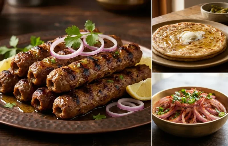 Mutton Seekh Kebab with Paratha and Onion Salad