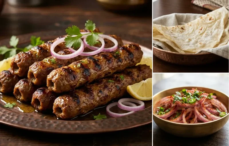 Mutton Seekh Kebab with Roomali Roti and Onion Salad