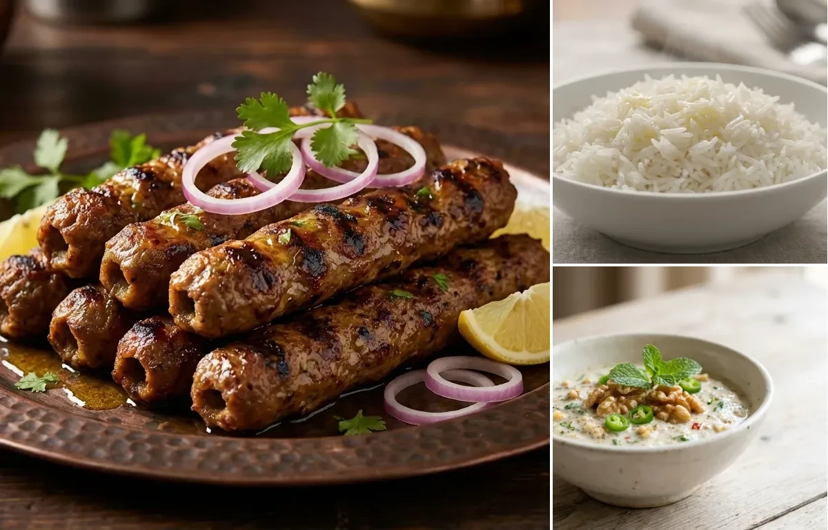 Mutton Seekh Kebab with Steamed Basmati Rice and Doon Chetin