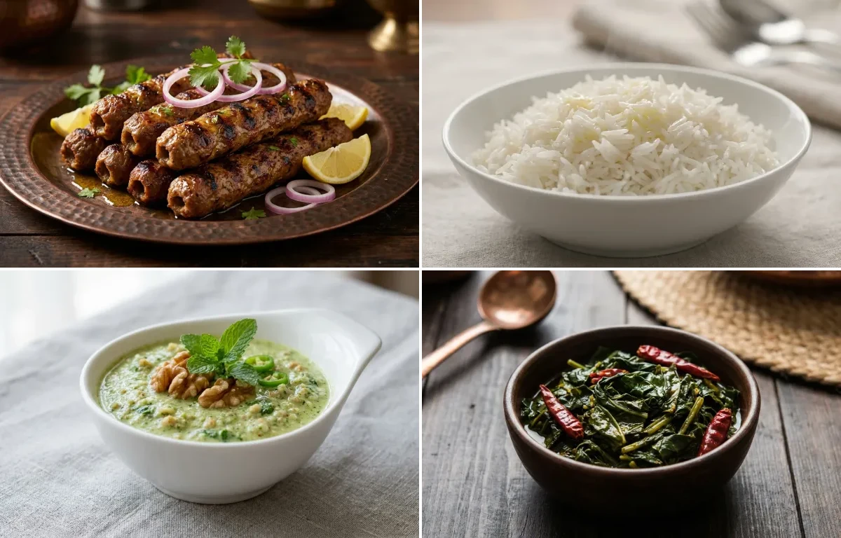 Mutton Seekh Kebab with Steamed Basmati Rice, Walnut Chutney and Haak Saag
