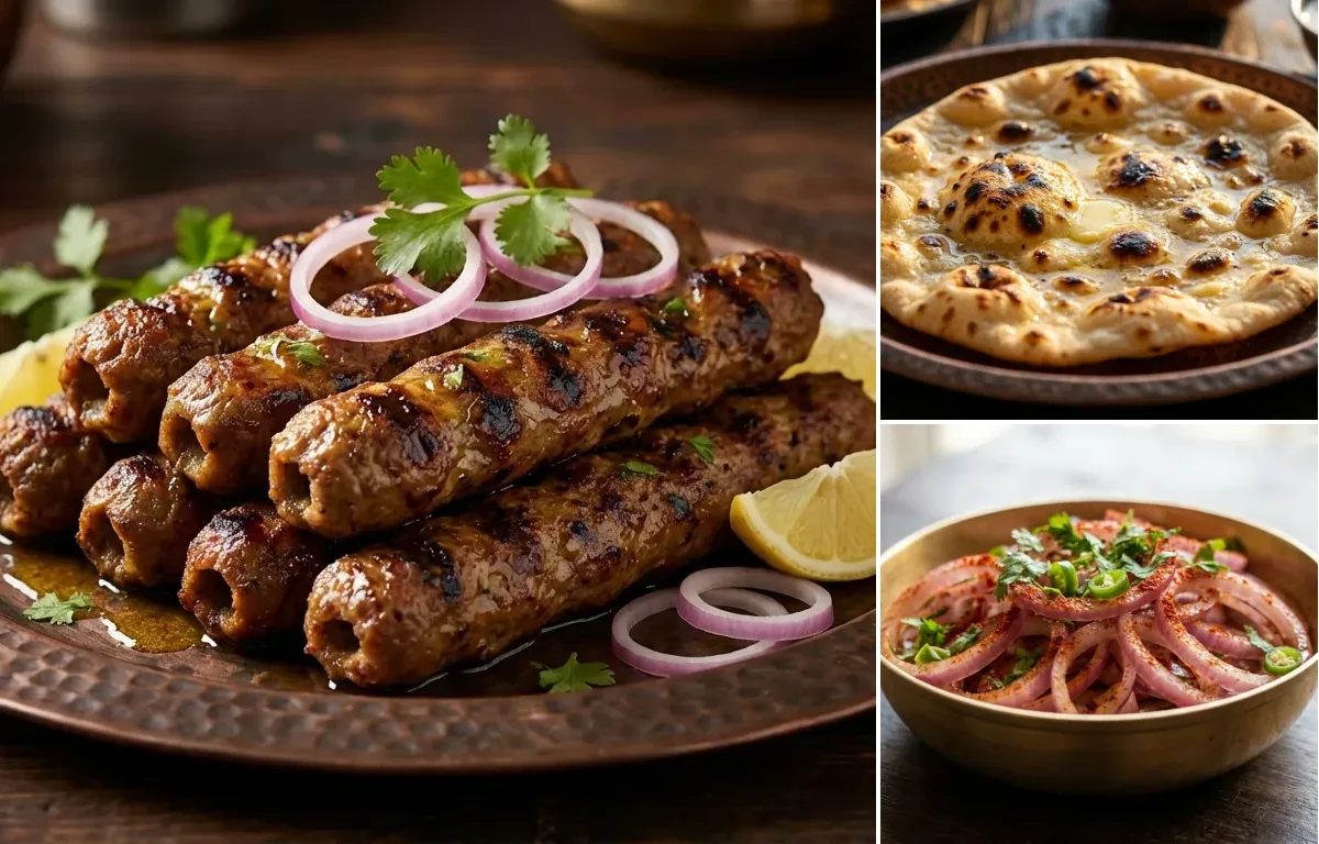 Mutton Seekh Kebab with Tandoori Roti and Onion Salad