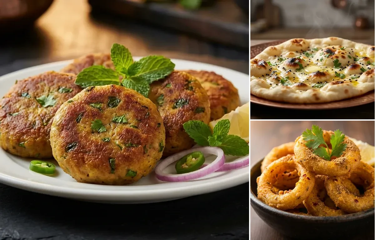 Mutton Shami Kebab with Butter Naan and Indian Onion Rings