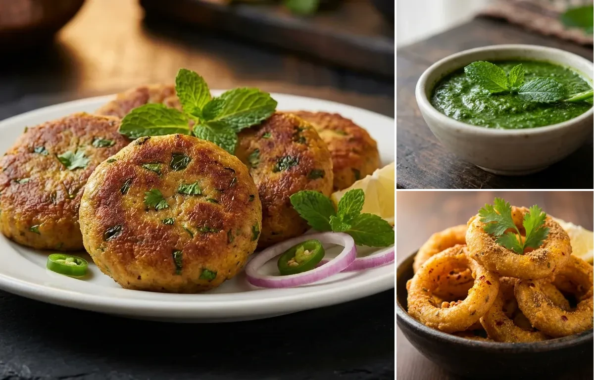 Mutton Shami Kebab with Mint Chutney and Indian Onion Rings