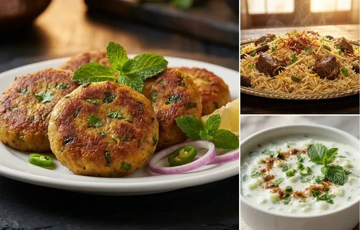 Mutton Shami Kebab with Mutton Yakhni Pulao and Cucumber Raita