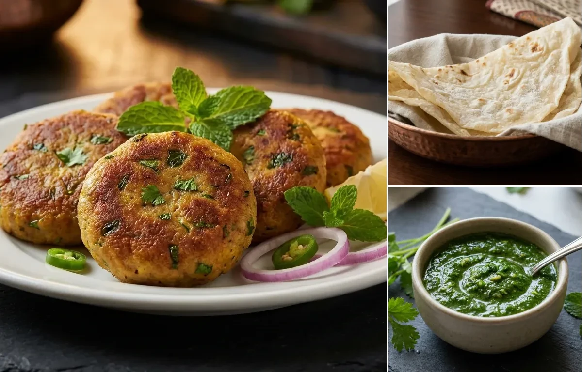 Mutton Shami Kebab with Roomali Roti and Coriander Mint Chutney