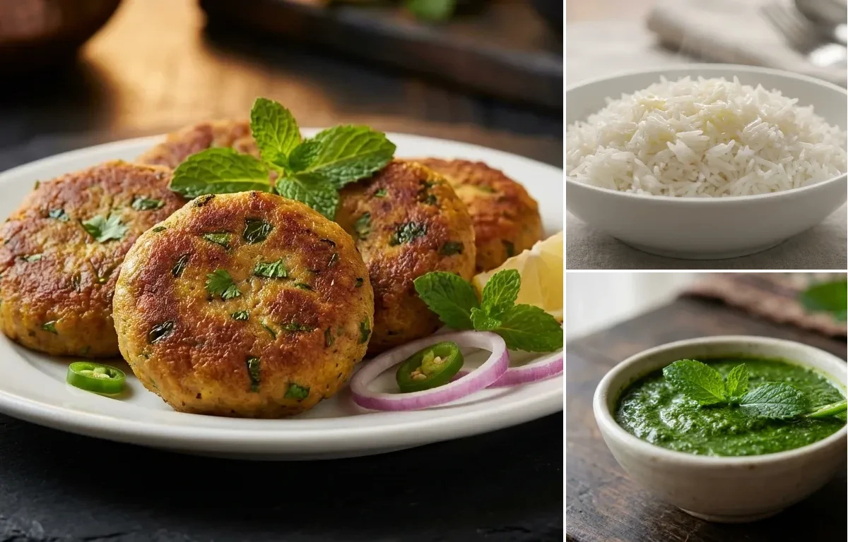Mutton Shami Kebab with Steamed Basmati Rice and Mint Chutney