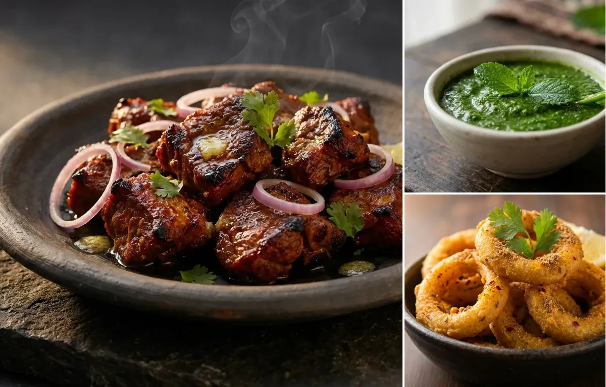 Mutton Soola with Mint Chutney and Indian Onion Rings