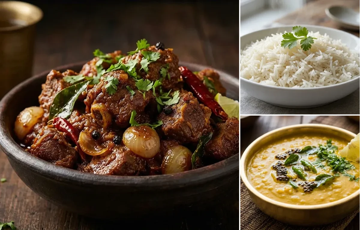 Mutton Sukka with Boiled Rice and Dal Thove