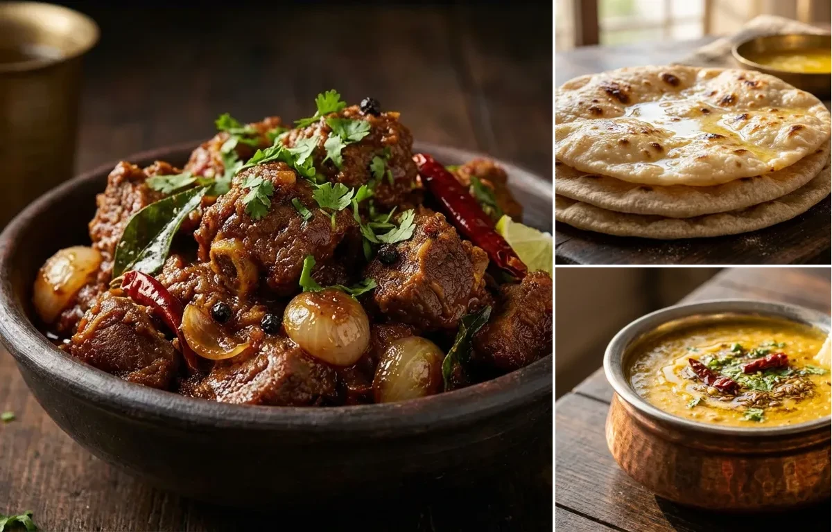 Mutton Sukka with Chapati and Dal Fry