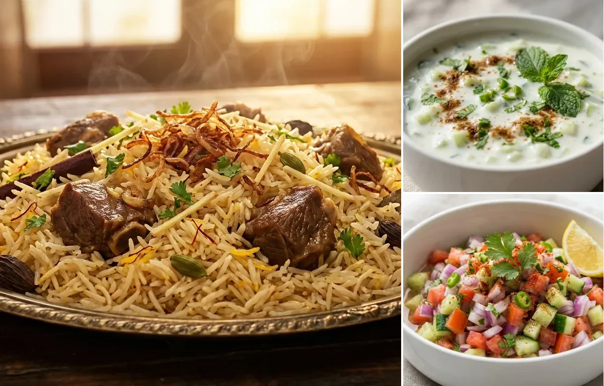 Mutton Yakhni Pulao with Cucumber Raita