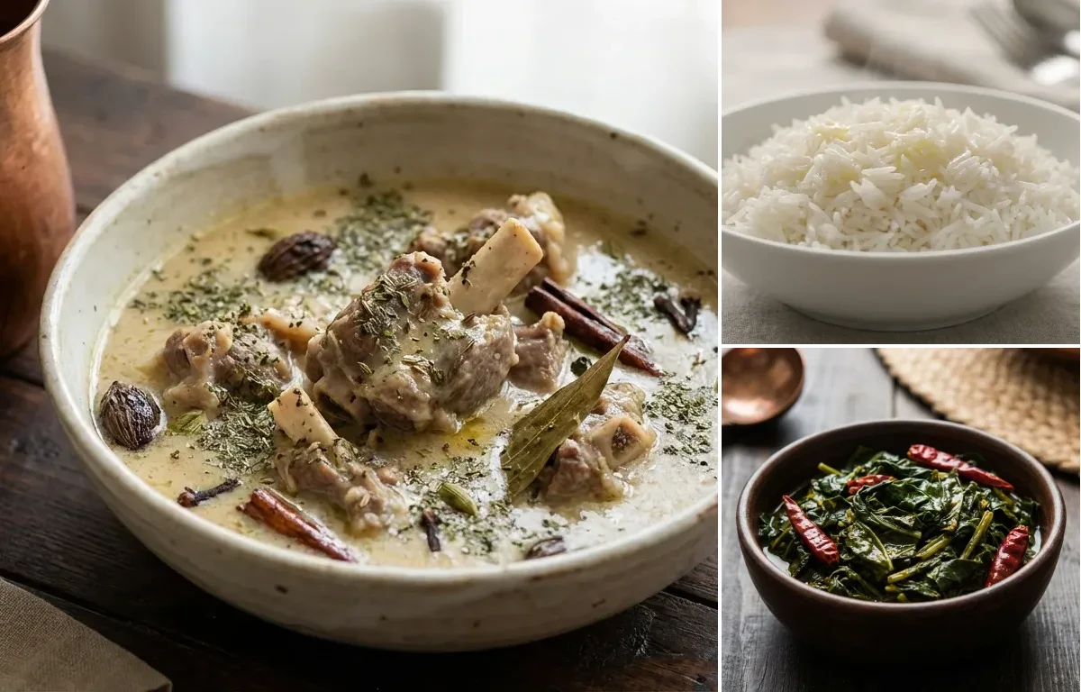 Mutton Yakhni with Steamed Basmati Rice and Haak Saag