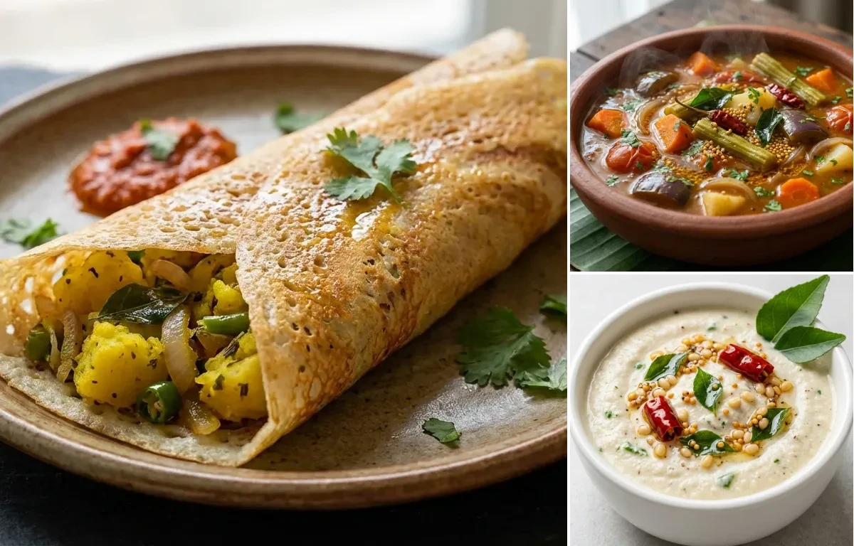 Mysore Masala Dosa with Vegetable Sambar and Coconut Chutney