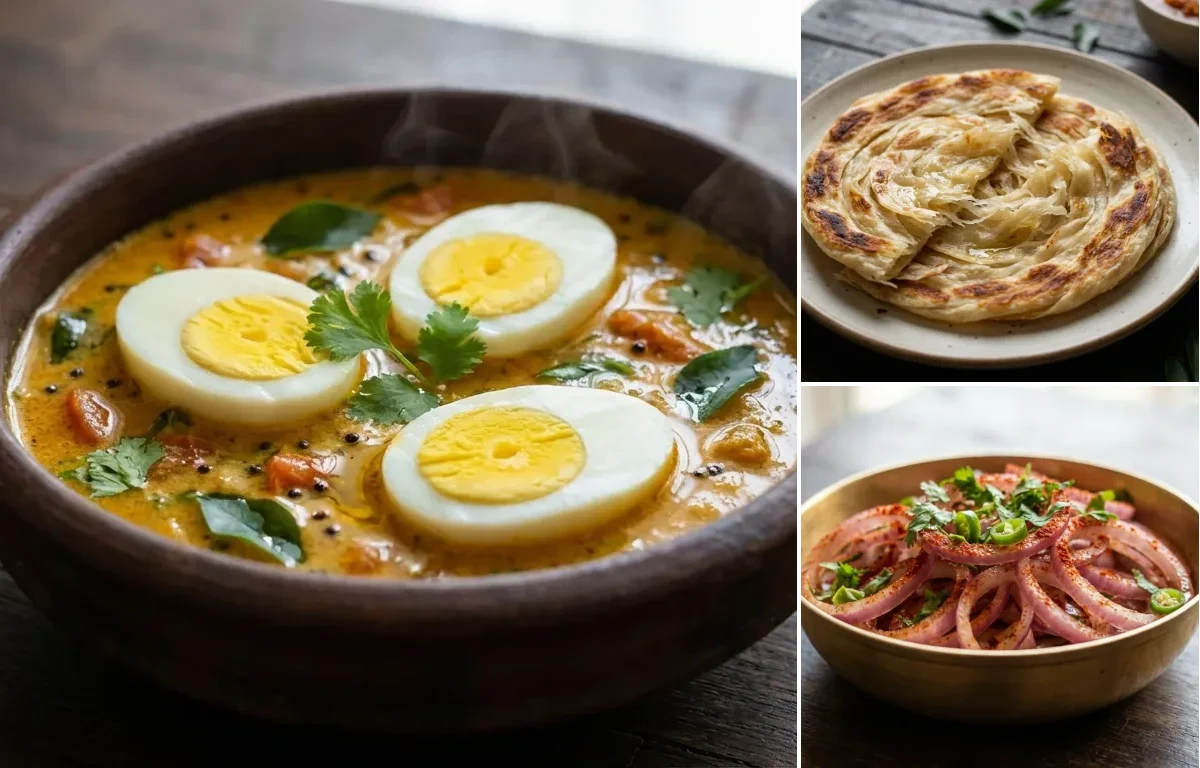 Nadan Mutta Curry with Parotta and Onion Salad