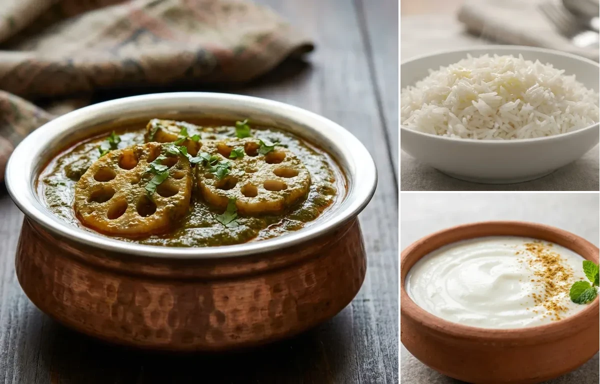 Nadir Palak with Steamed Basmati Rice and Dahi