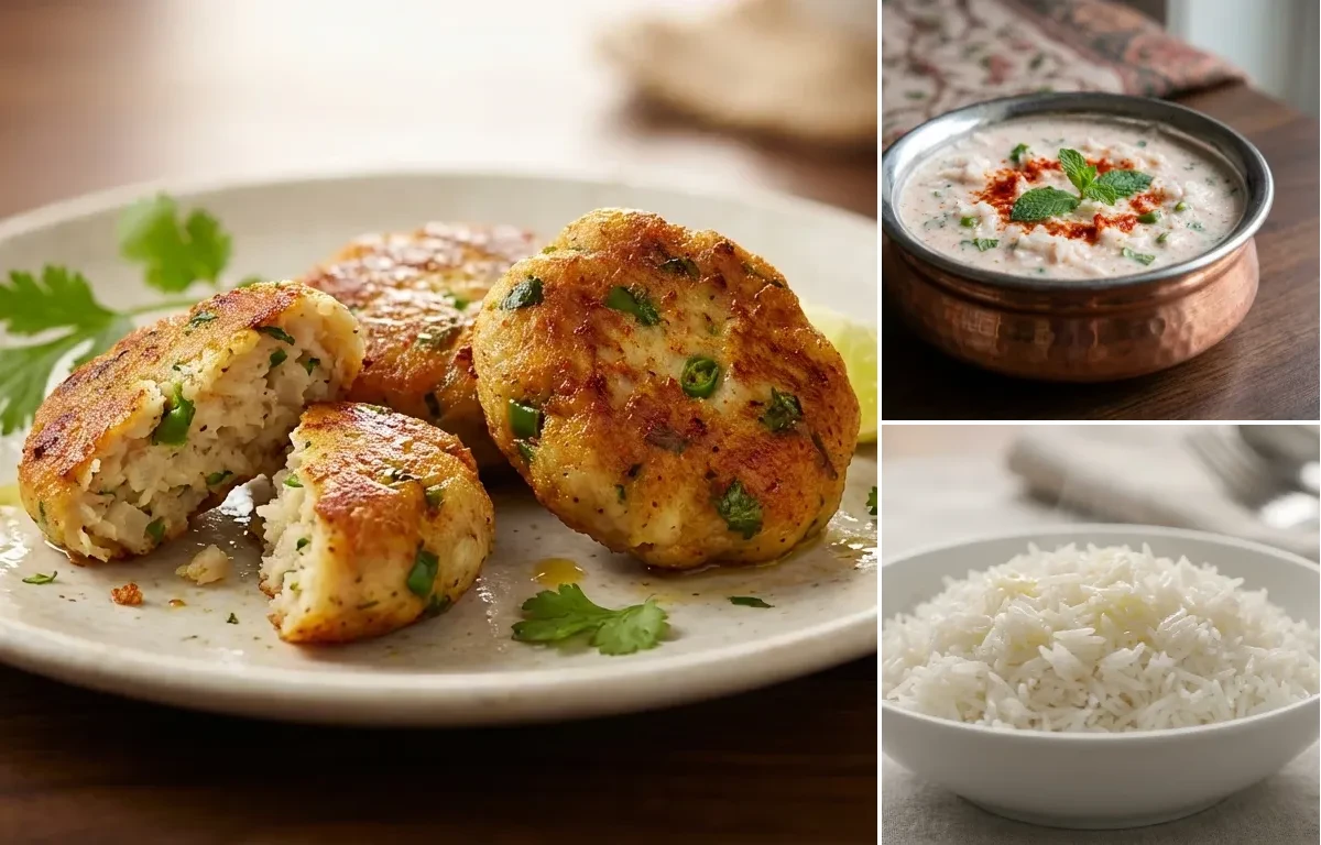 Nadru Kebab with Muji Chatin and Steamed Basmati Rice