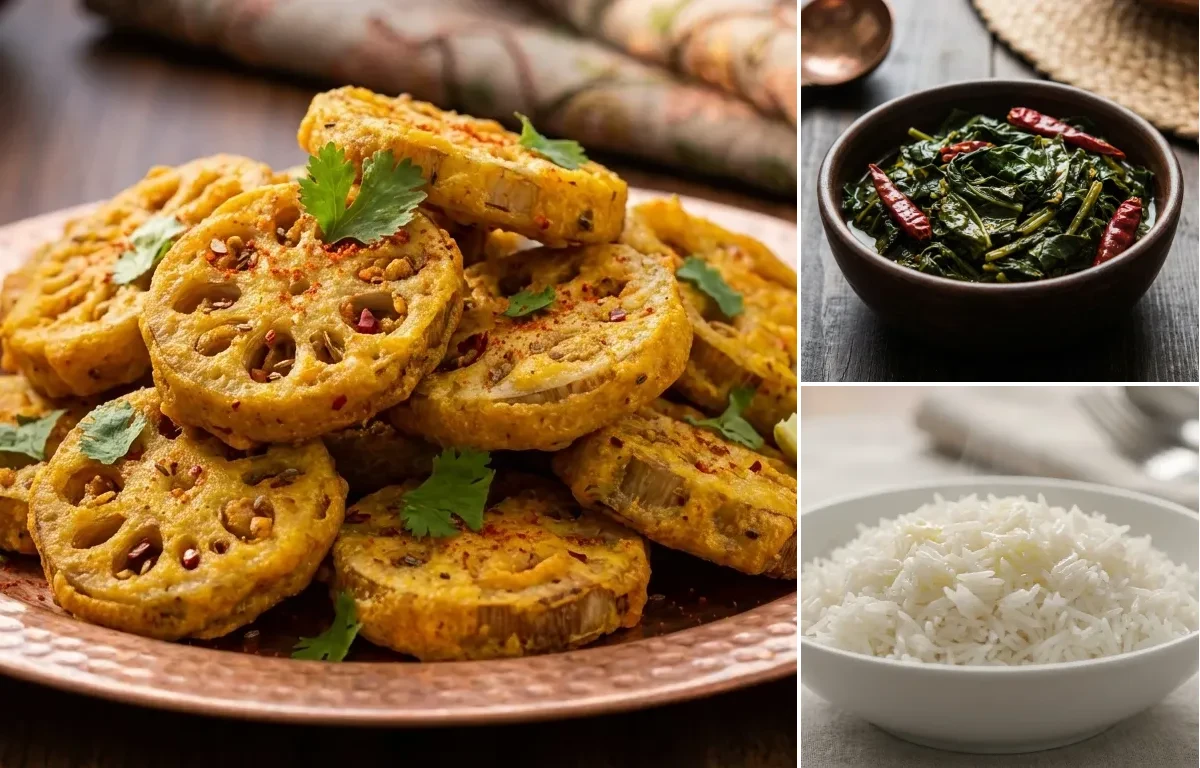 Nadru Monje with Haak Saag and Steamed Basmati Rice