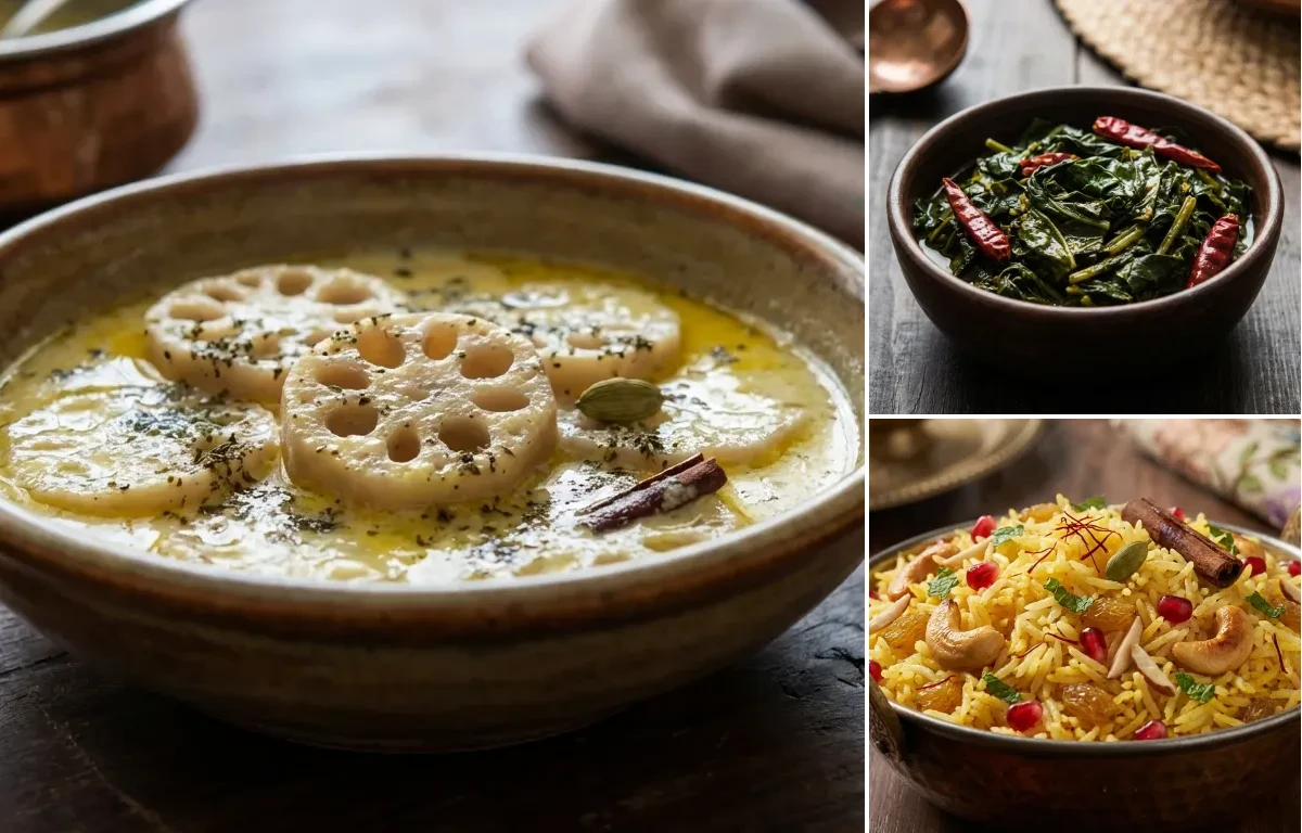 Nadru Yakhni with Haak Saag and Kashmiri Pulao