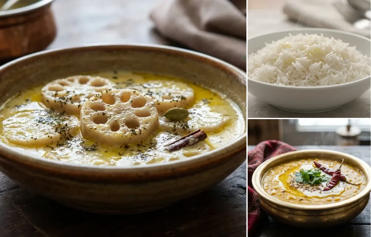 Nadru Yakhni with Steamed Basmati Rice and Kashmiri Dal