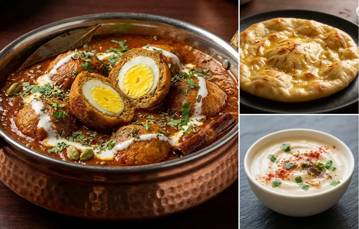 Nargisi Kofta Curry with Saffron Sheermal and Burani Raita