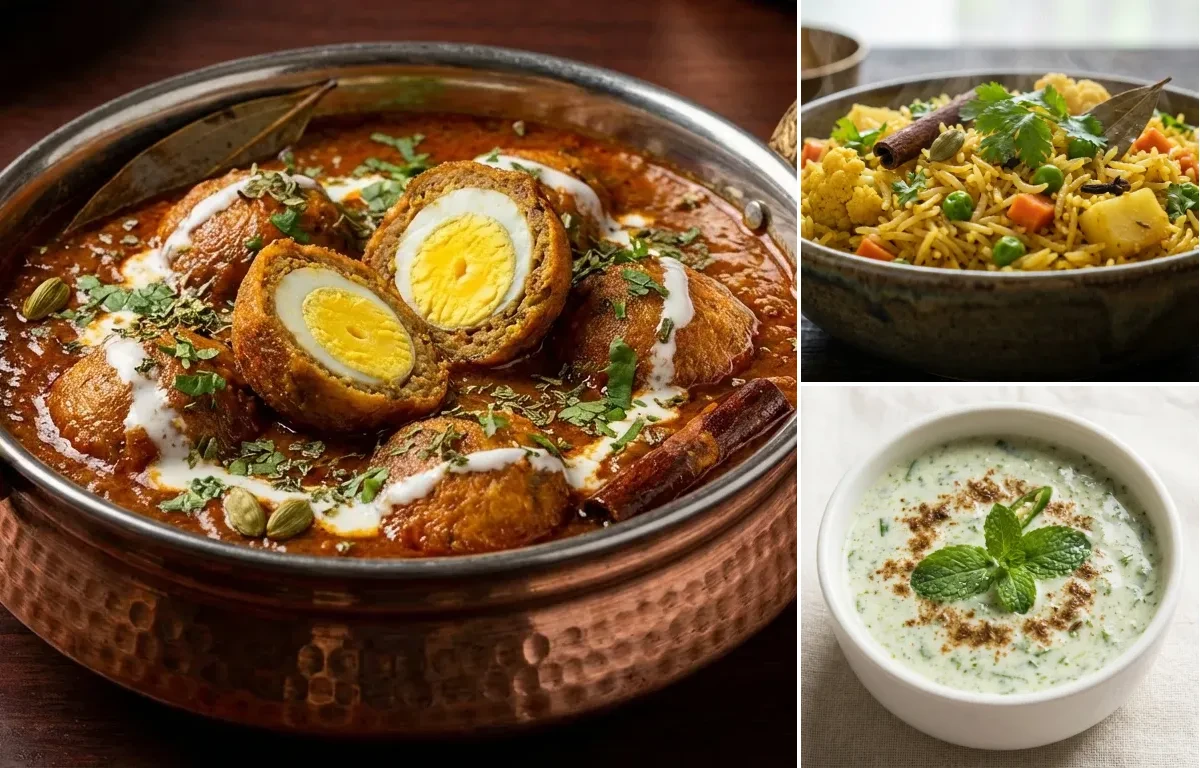 Nargisi Kofta Curry with Vegetable Pulao and Mint Raita