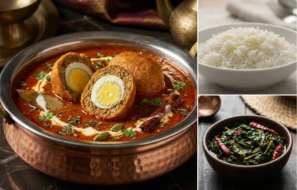 Nargisi Kofta with Steamed Basmati Rice and Haak Saag
