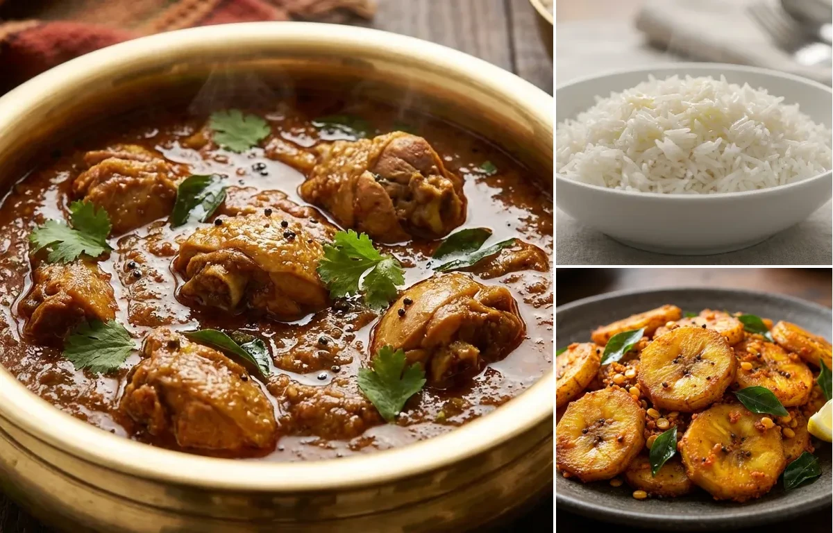 Nattukozhi Kuzhambu with Steamed Basmati Rice and Vazhakkai Varuval