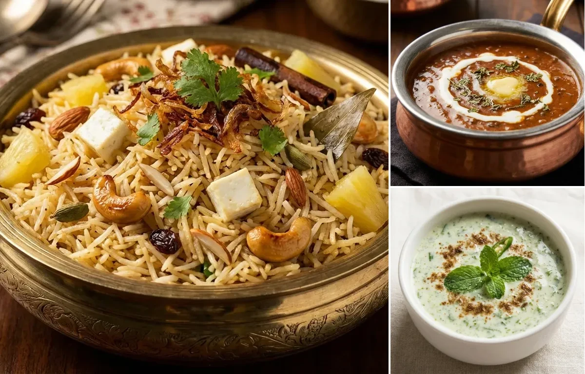 Navratan Pulao with Dal Bukhara and Mint Raita