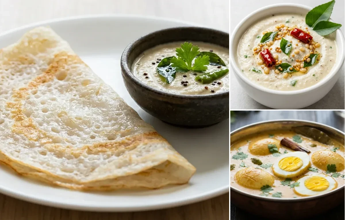 Neer Dosa with Coconut Chutney and Egg Kurma