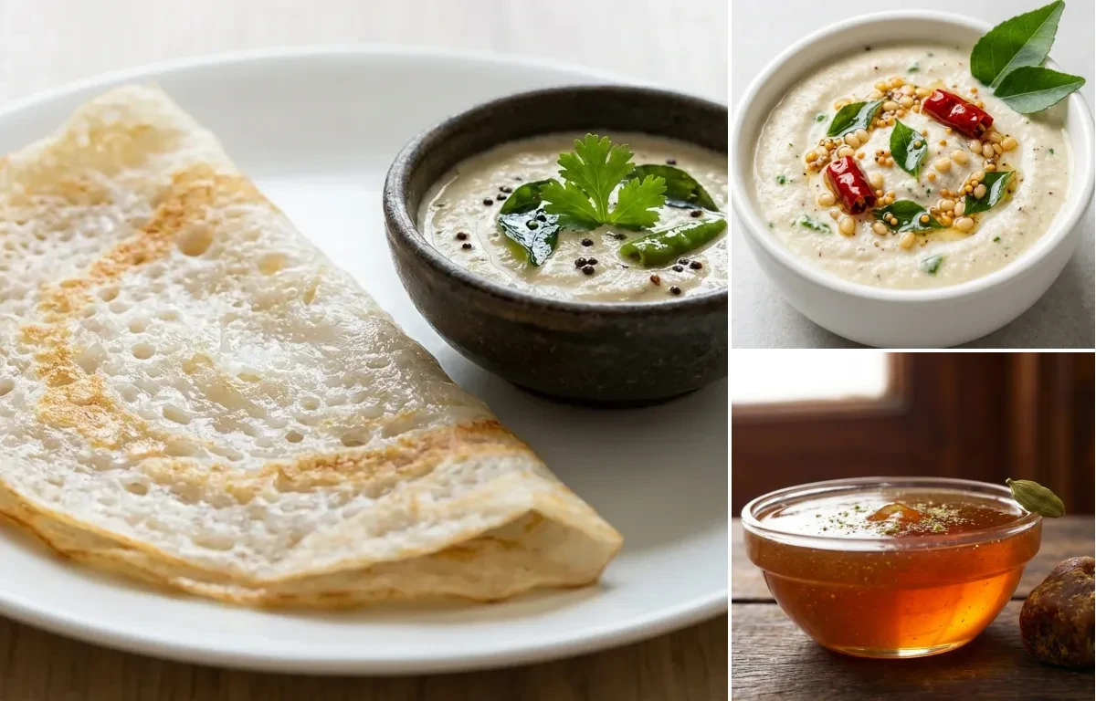 Neer Dosa with Coconut Chutney and Jaggery Syrup