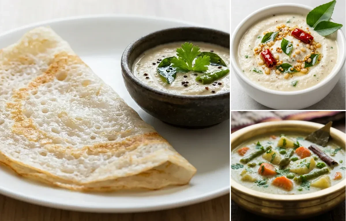 Neer Dosa with Coconut Chutney and Vegetable Kurma