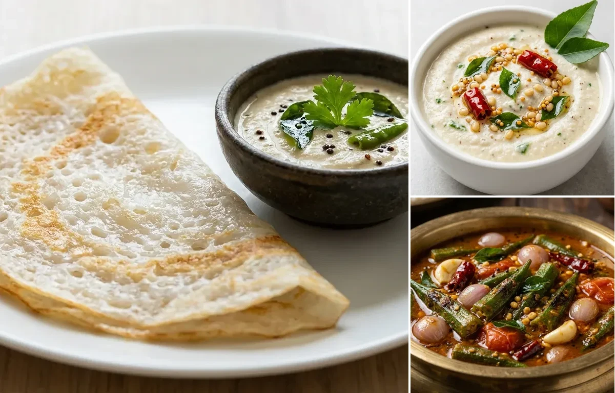 Neer Dosa with Coconut Chutney and Vendakkai Puli Kozhambu