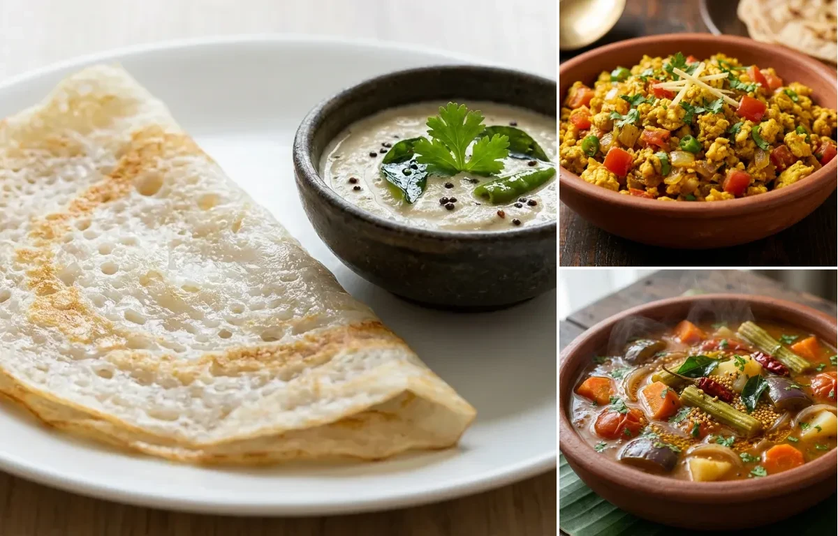 Neer Dosa with Egg Bhurji and Vegetable Sambar